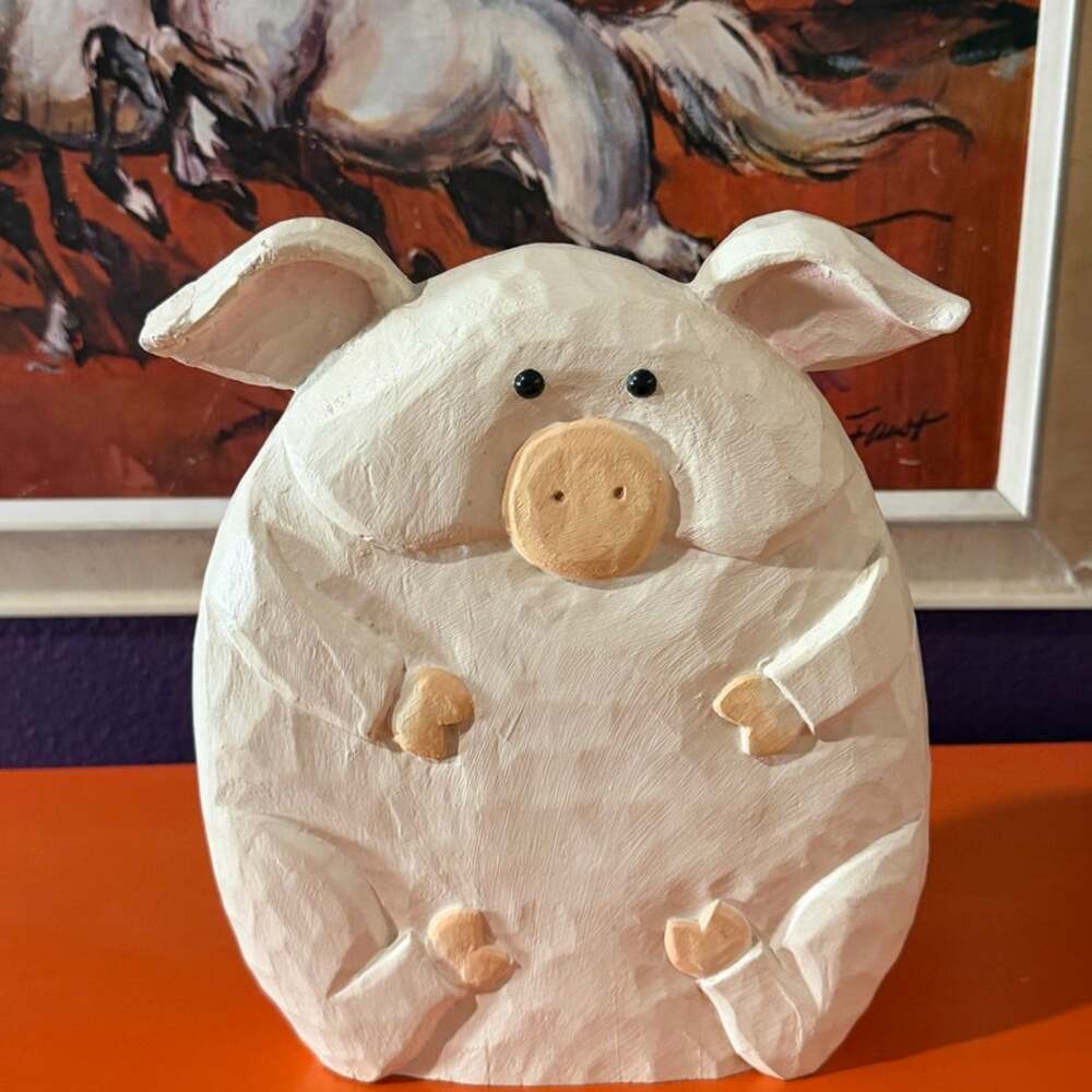 James Haddon Chubby Pig Figurine Hand Carved Wood Sculpture Folk Art Animal